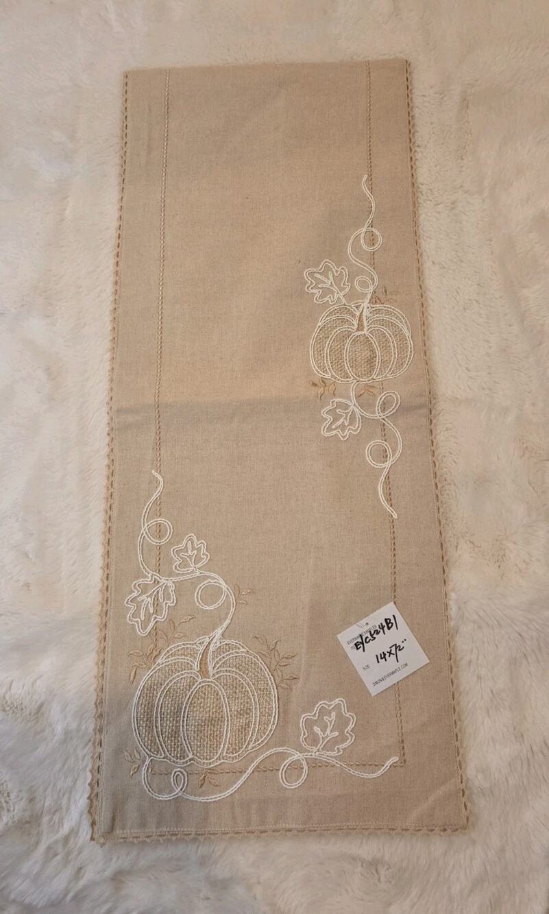 Rare Evermaple Manufacturers Sample Neutral Embroidered Pumpkin Table Runner...